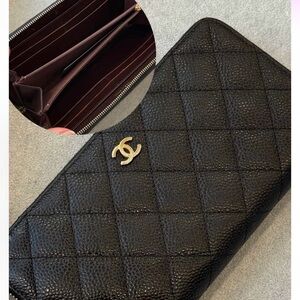 CHANEL Black Quilted Wallet with Gold Logo